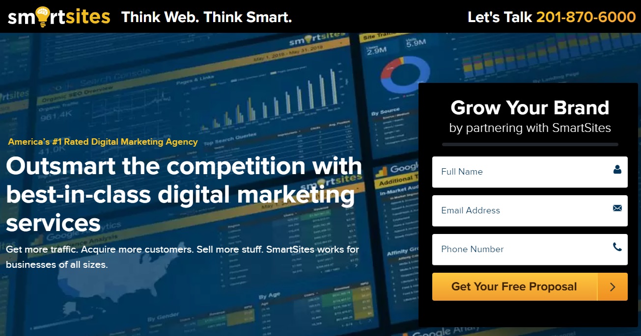 Homepage of SmartSites digital marketing agency with the headline 'Outsmart the competition with best-in-class digital marketing services.' The page highlights their ability to drive traffic, acquire customers, and increase sales for businesses of all sizes. The background features data dashboards, while a contact form on the right prompts users to input their name, email, and phone number for a free proposal. The tagline 'Think Web. Think Smart.' is displayed at the top along with a contact number for inquiries