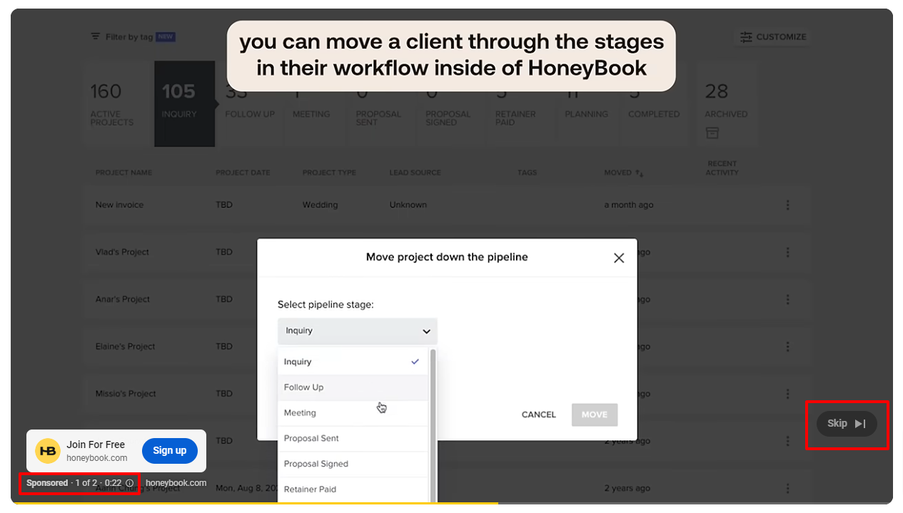 example of honeybook ad in YouTube