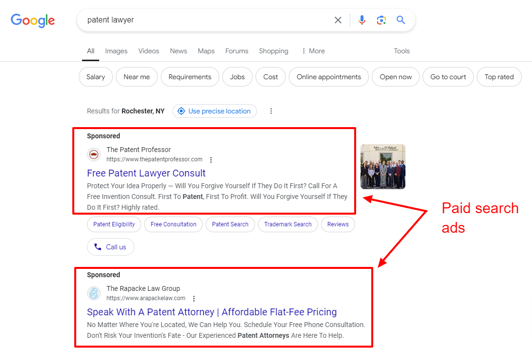 example of google seach ads for patent lawyers