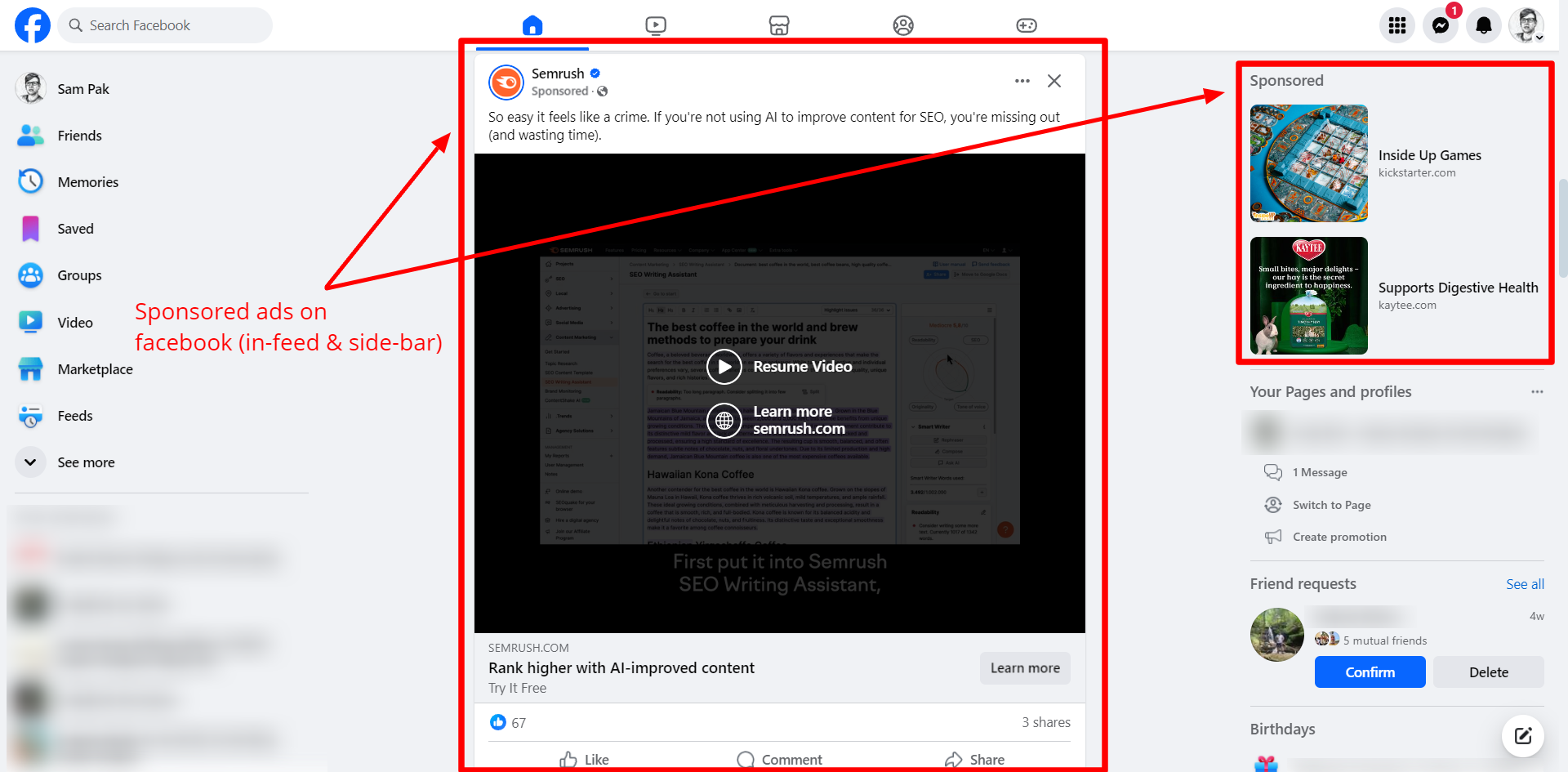 example of in-feed and side-bar ads on Facebook.